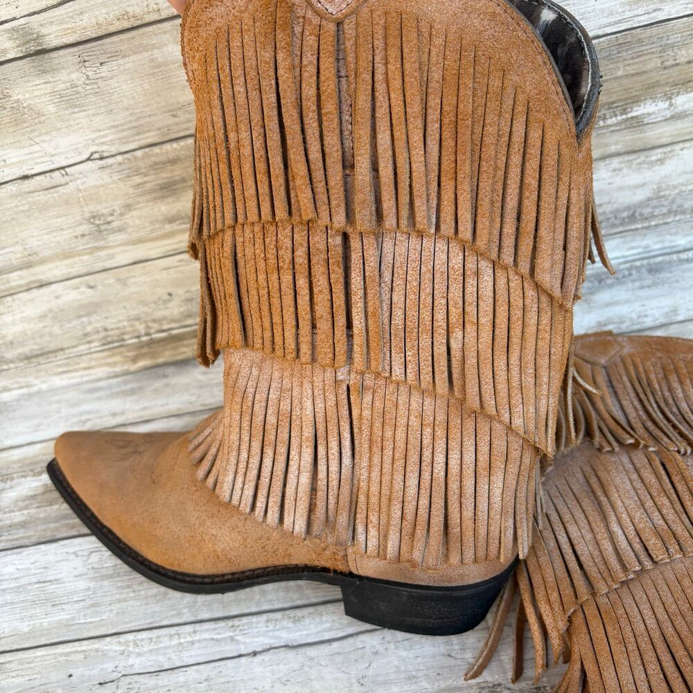 Dingo Western Cowboy Boots Sz 9.5  Tres Fringe Burnished Tan Leather Suede Boho - Picture 3 of 12